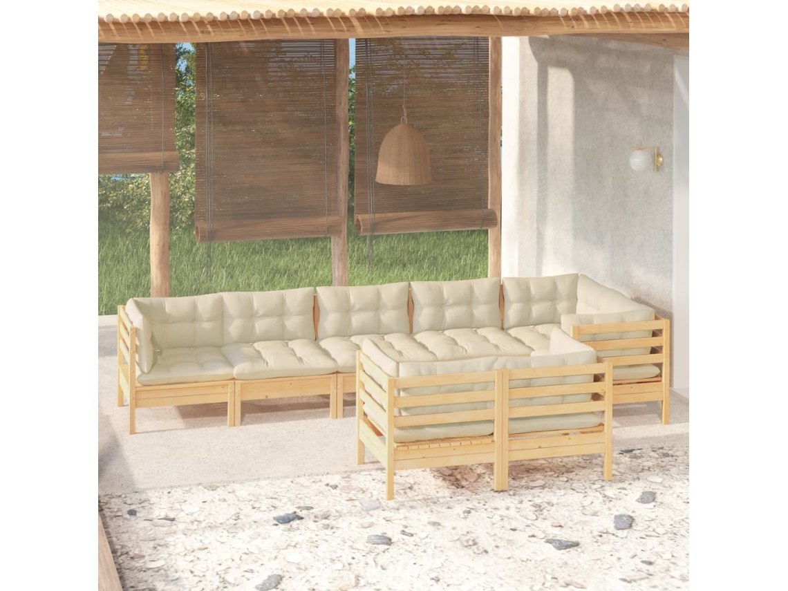 Vidaxl 8 Pcs Conjunto Lounge Jardim C/ Almofadões Creme Pinho Maciço