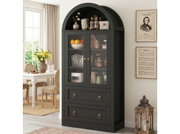 Armário Alto Abaulado 80×36×170cm Com Gavetas E Portas Envidraçadas Para Cozinha E Sala Cor Preta