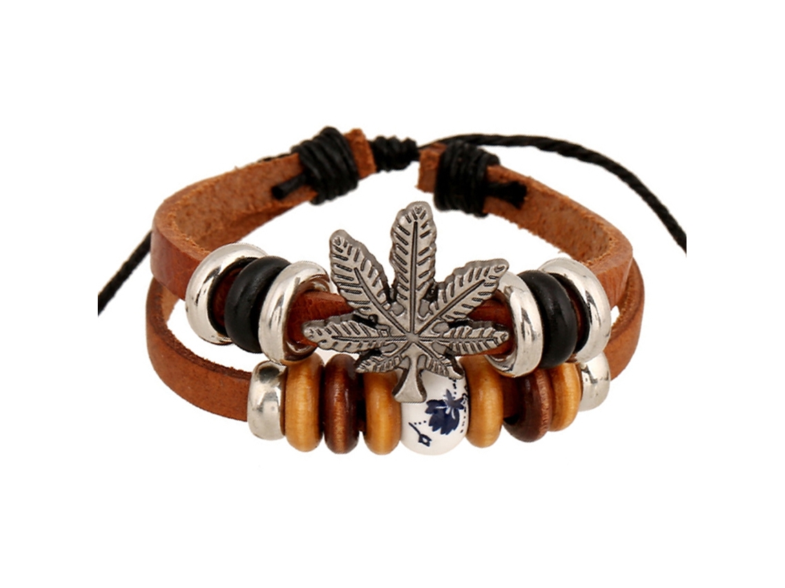 Pulseira De Couro Multicamadas Com Decoração De Folha E Pérolas