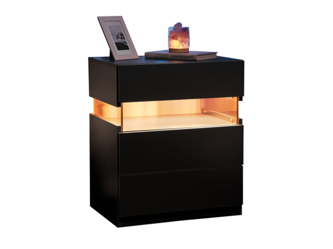 Mesa De Cabeceira Com LED, Cómoda De 3 Gavetas, Mesa De Apoio Com Painel Em Acrílico (Preta), Para Quarto E Sala.
