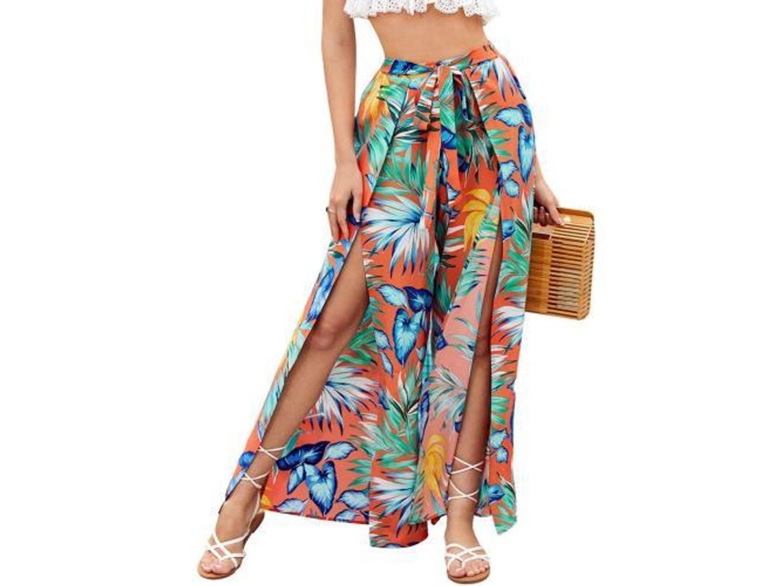 Calça Rebe de pernas largas e compridas com estampa floral boho, fenda e amarração frontal, tamanho G, laranja tropical.