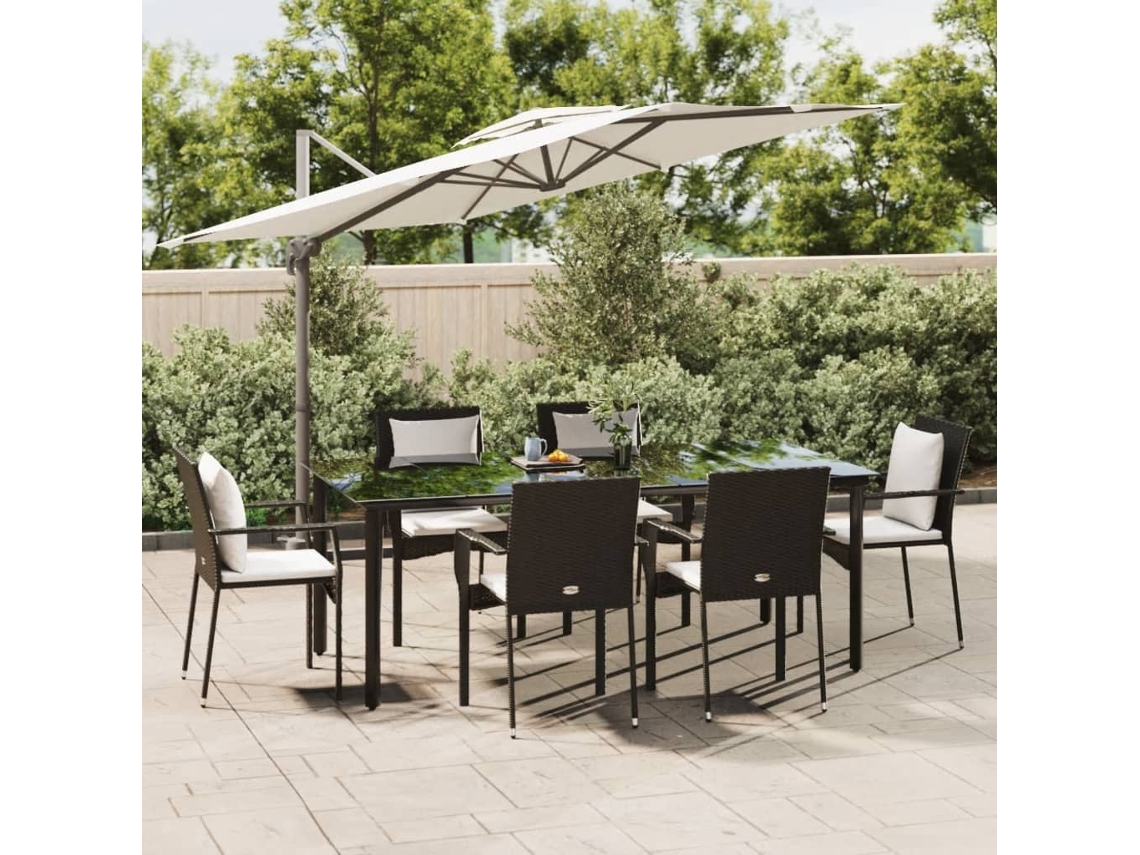 Vidaxl 7 Pcs Conjunto De Jantar P/ Jardim C/ Almofadões Vime Pe Preto