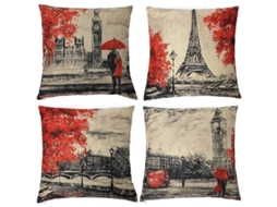 Funda De Almohada Decorativa 18x18 Pulgadas Torre Eiffel Y Big Ben Negro Y Rojo Para Hogar 4 Piezas