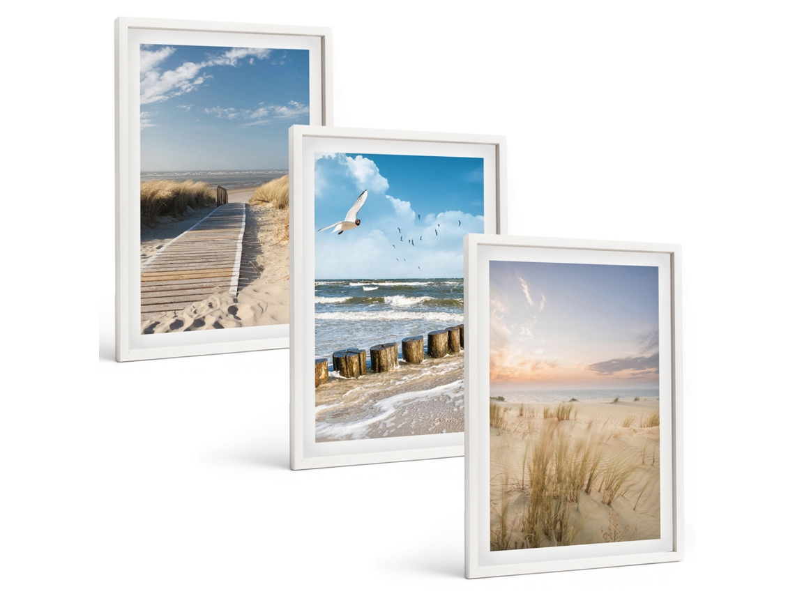 Galeria De Pinturas Murais Praia, Areia, Ondas, Céu, Pássaros Moldura Branca Quadros Para A Sala De Estar Espelharte (3 Piezas De 40x60 Cm)