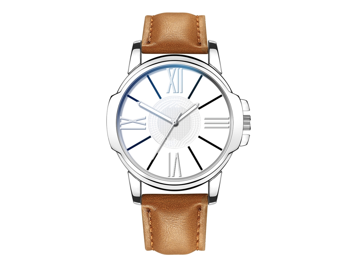 Relógio de pulso masculino de quartzo com pulseira de couro, estilo casual.