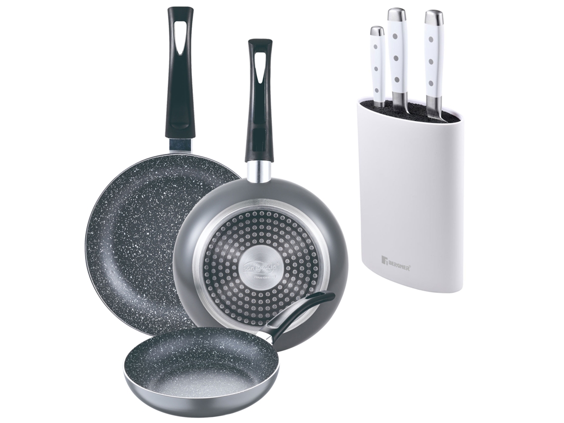 Conjunto De 3 Frigideiras De Mármore Bergner Soul Ø16ø20ø24cm Com Bloco De Facas