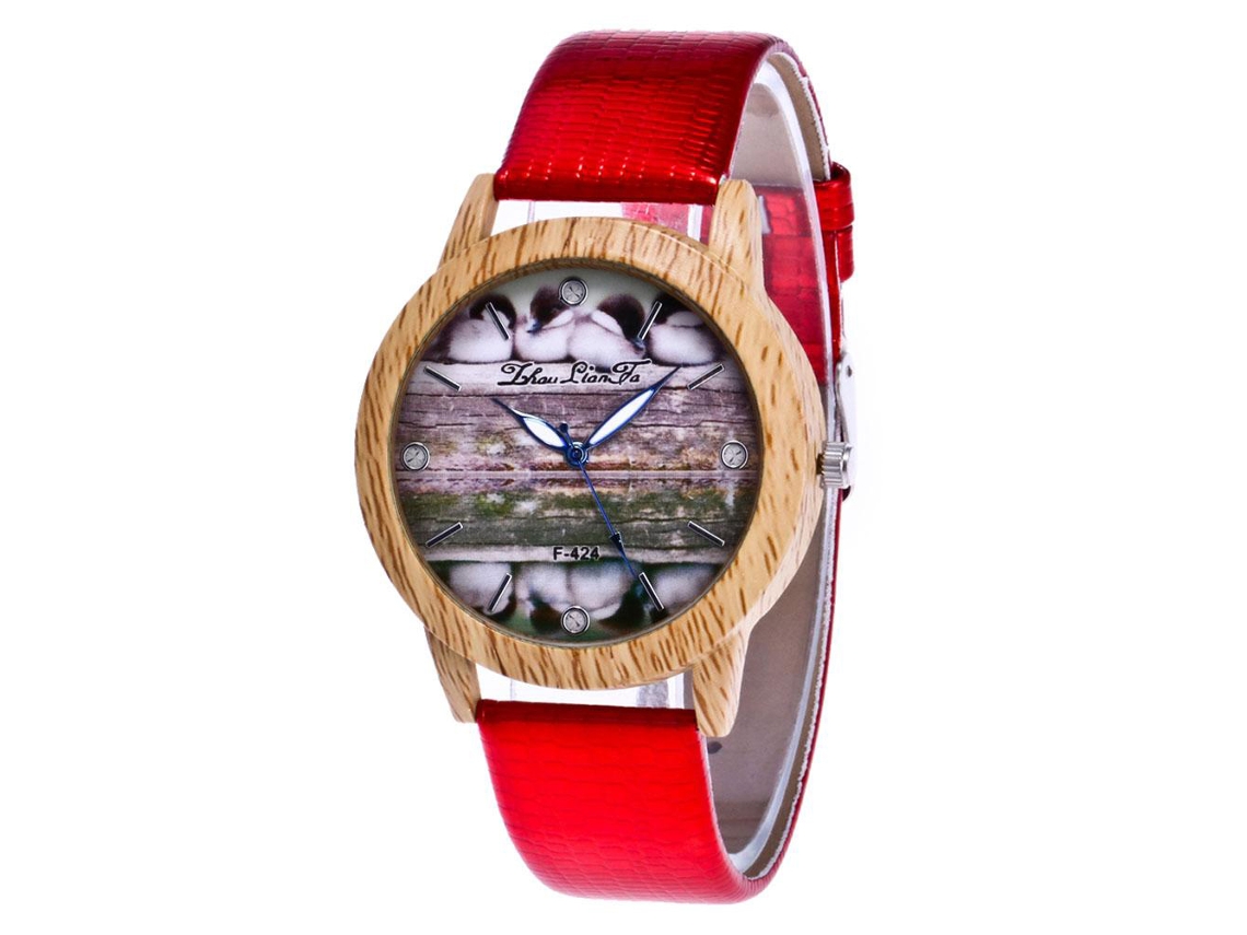 Relógio de pulso feminino Zhoulianfa F 424x com pulseira de couro e mecanismo de quartzo, modelo Duckie vermelho.