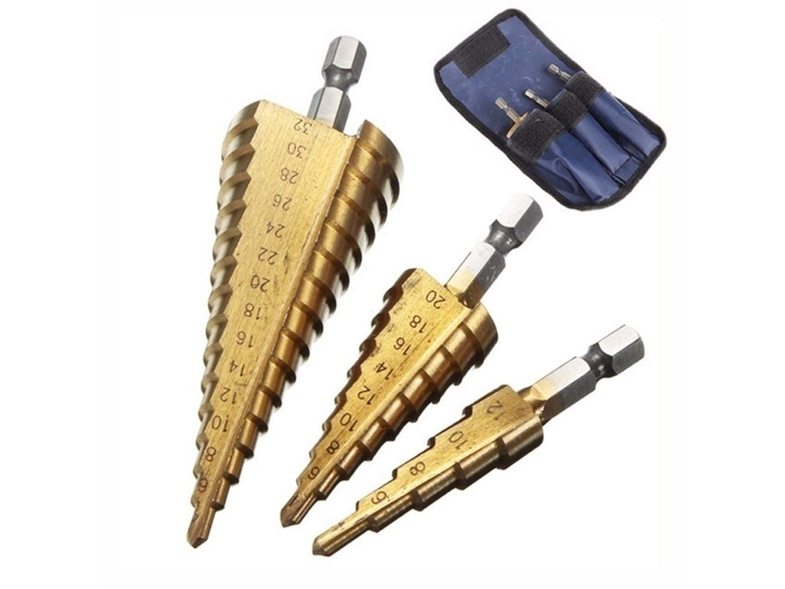 Conjunto De 3 Brocas Hss Cônicas Métricas 4 12/20/32mm Com 1/4 Hex Titânio Brocas Profissionais Para Metal Btforus