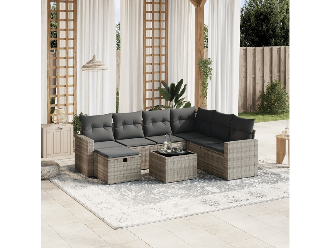 Vidaxl 8 Pcs Conj. Sofás Jardim C/ Almofadões Vime Pe Cinzento-claro