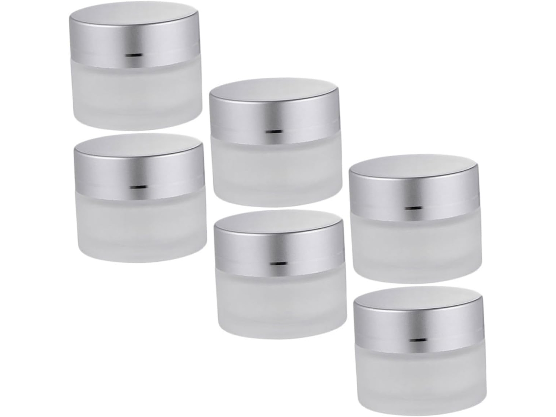 De 6 Frascos De Vidro Fosco Com Tampas Prateadas Para Cosméticos E Cuidados Com A Pele.