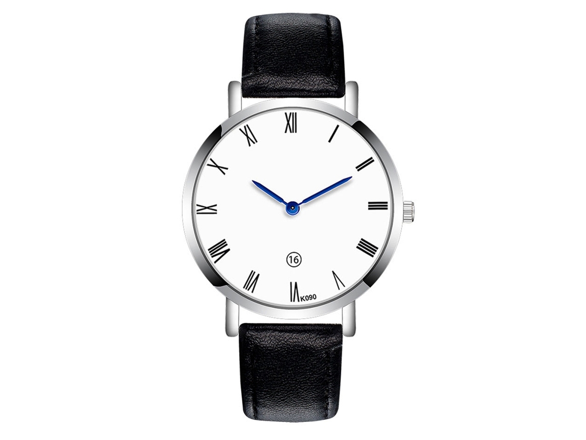 Relógio masculino com pulseira de couro, mostrador redondo, movimento analógico de quartzo, estilo executivo, preto.