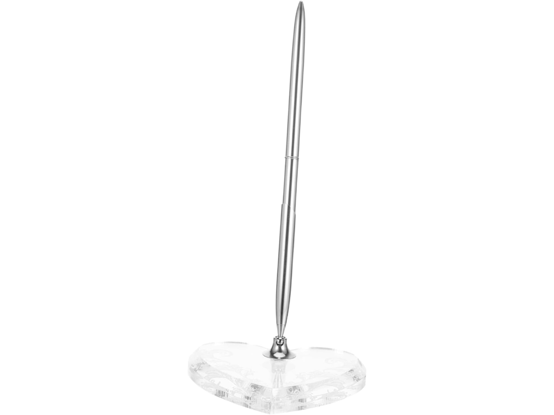 Caneta de Assinatura Prateada para Casamento com Suporte em Acrílico Formato Coração, Ideal Convidados Cerimôn