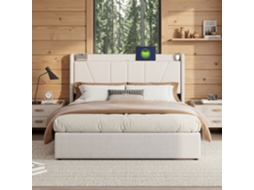 Cama Estofada 140x200 Cm com Carregamento Usb, Base Elevatória Hidráulica, Cabeceira Estante em Linho, Bege RESETIZE