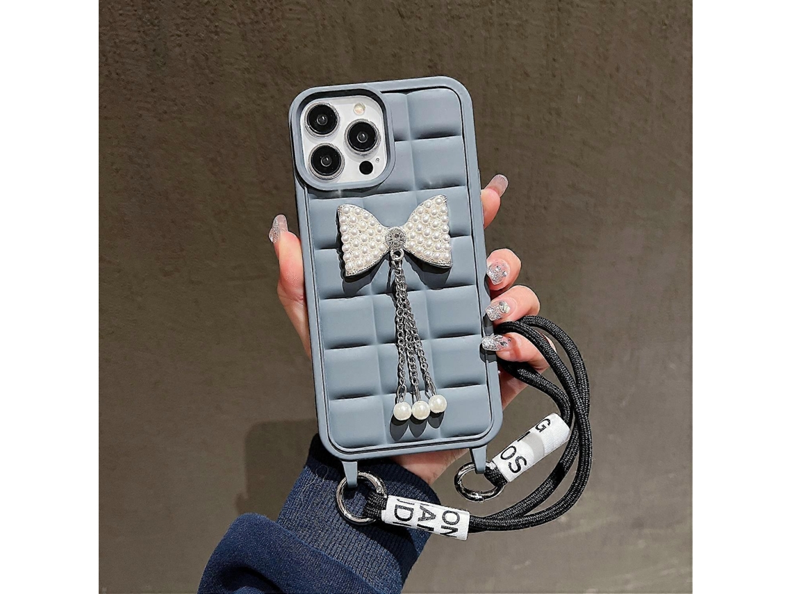 Capa Para Iphone 15 Pro Com Design Em Grade De Tpu Macio E Alça De Pulso Com Pingente De Laço