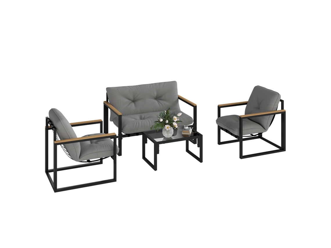 Sofá de Jardim 4 Lugares Cinza (2 Poltronas, Mesa Vidro, Almofadas)