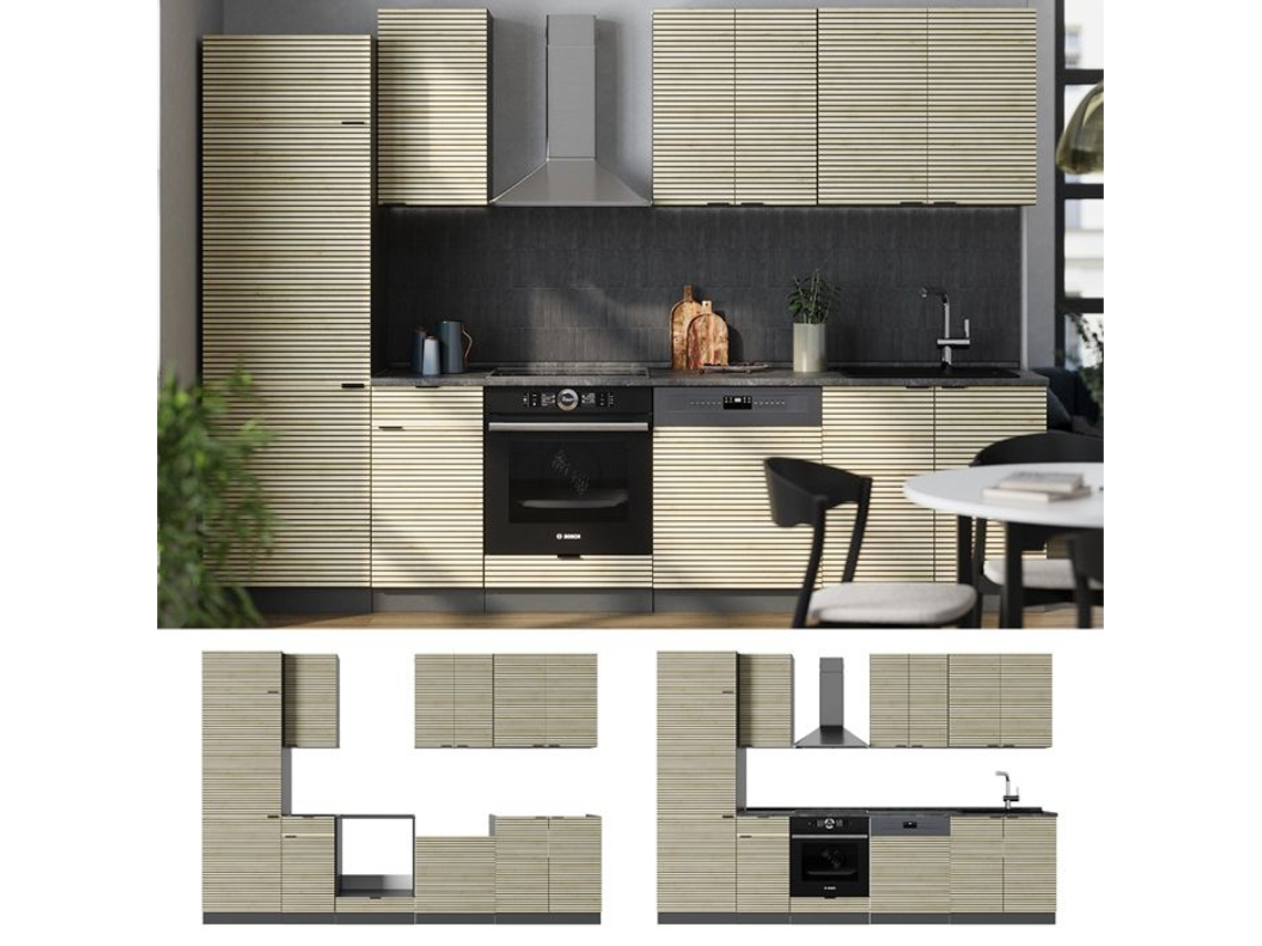 Cozinha Fame Line, 300cm Sem Bancada, Carvalho Lambris/aneltracite, Antracite, Vicco