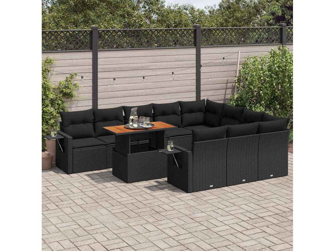 Vidaxl 11 Pcs Conjunto Sofás De Jardim C/ Almofadões Vime Pe Preto