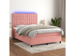 Cama Box Spring C/ Colchão/led 140x190 Cm Veludo Rosa