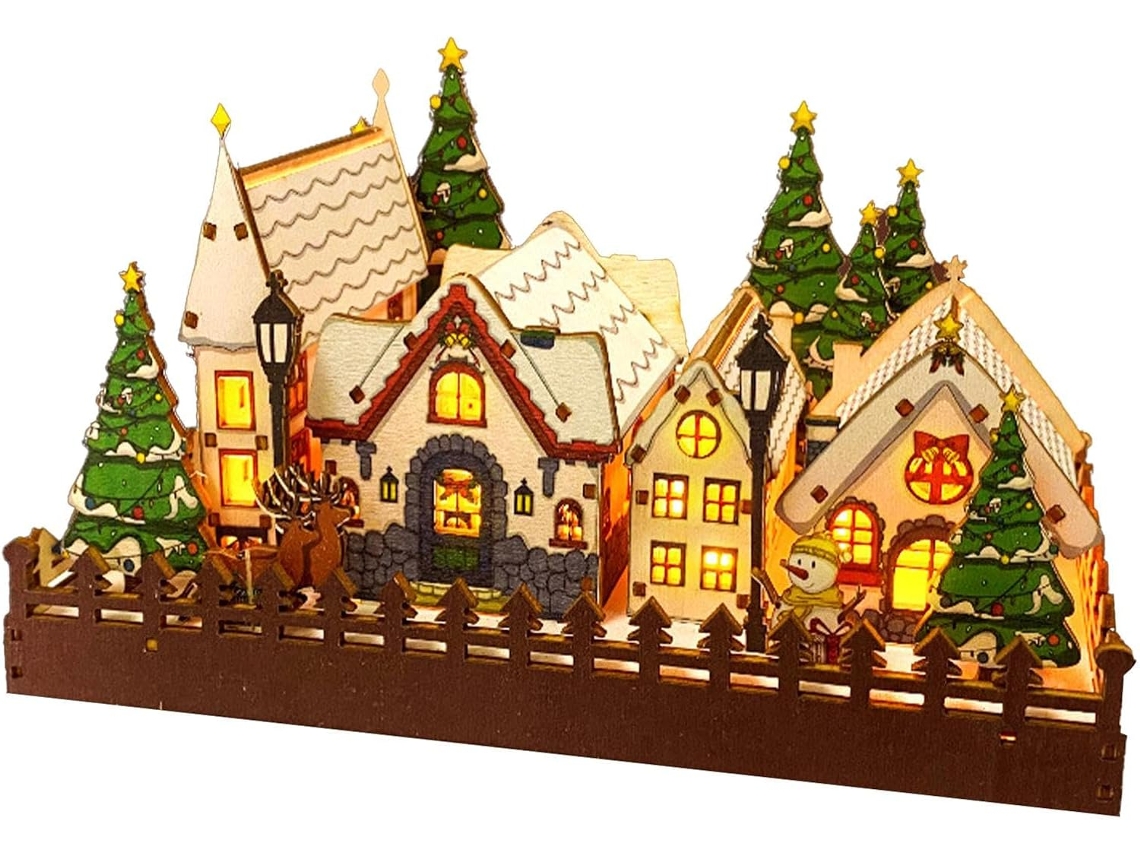 Conjunto De Figuras De Natal Com Tema De Inverno, Decoração Natalina Para Mesa, Vila | Casas, Decoração De Madeira Para As Festas De Fim De Ano.