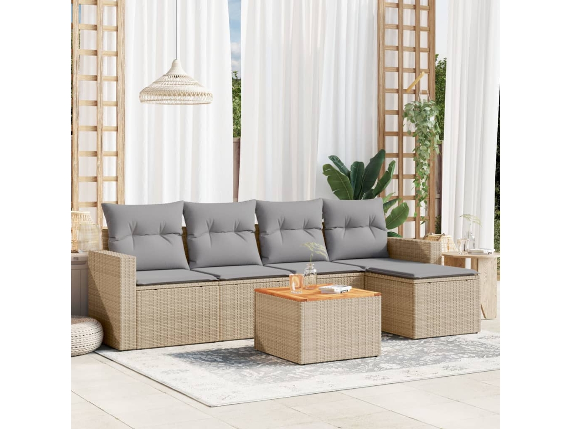 Vidaxl 6 Pcs Conjunto De Sofás P/ Jardim Com Almofadões Vime Pe Bege