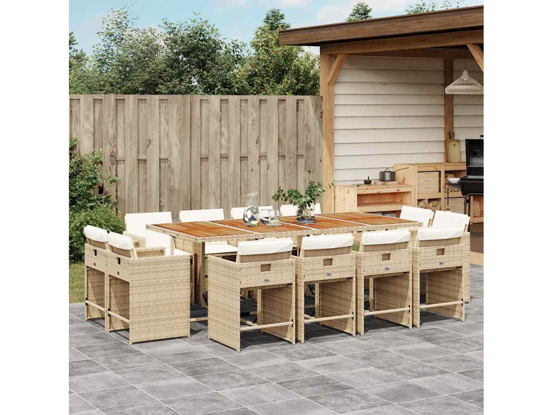 Vidaxl 13 Pcs Conjunto De Jantar P/ Jardim Com Almofadões Vime Pe Bege