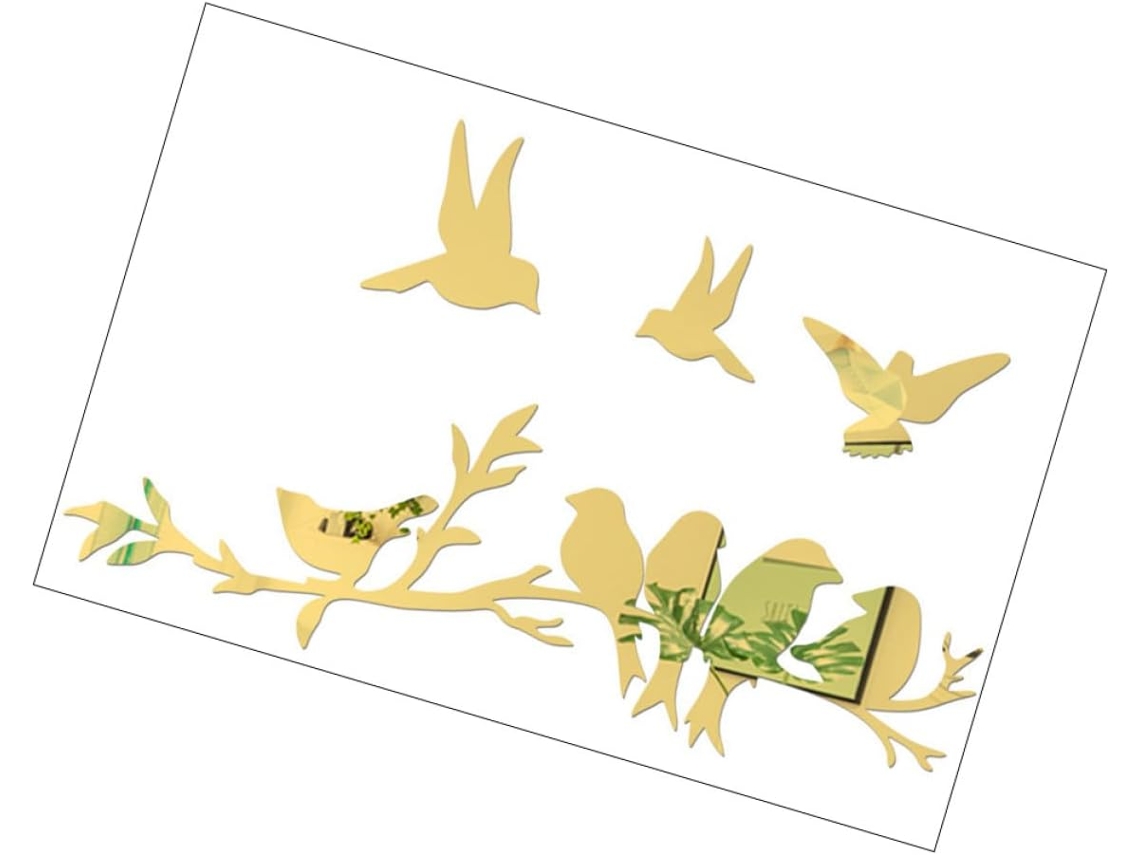 Adesivo De Parede Espelhado Com Pássaro Em Acrílico Dourado, Design Tridimensional Exclusivo.