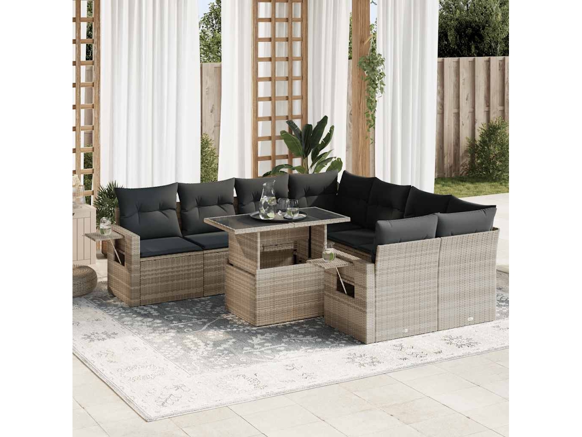 Vidaxl 9 Pcs Conj. Sofás Jardim Com Almofadões Vime Pe Cinzento-claro