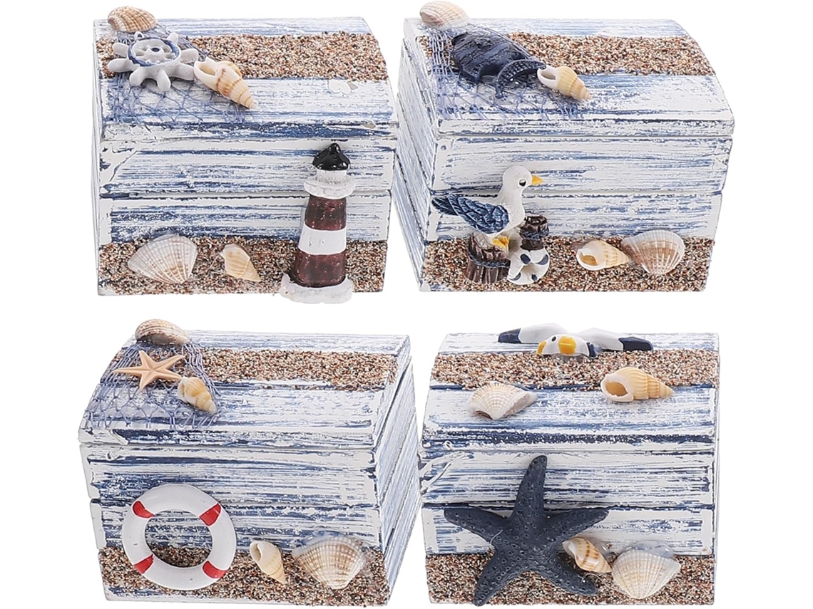 Conjunto De 4 Caixas De Joias De Madeira Artibetter Com Tema Oceânico, Compactas E Fáceis De Guardar, Delicada