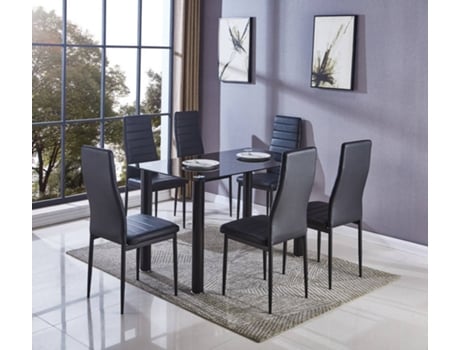 Conjunto de Mesa com 6 Cadeiras SALDOS Y STOCK Preto (Vidro Temperado e Couro Sintético - 140X80 cm)