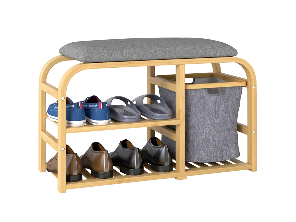 Banco para Sapatos com Almofada, 2 Prateleiras, Cesto de Tecido, Madeira 70x30x45cm Natural S/MARCA