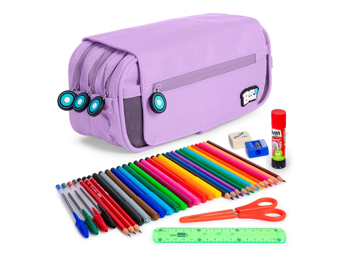 Estojo Triplo de 3 Fechos com Material Escolar Incluído Lavanda COLEPACK