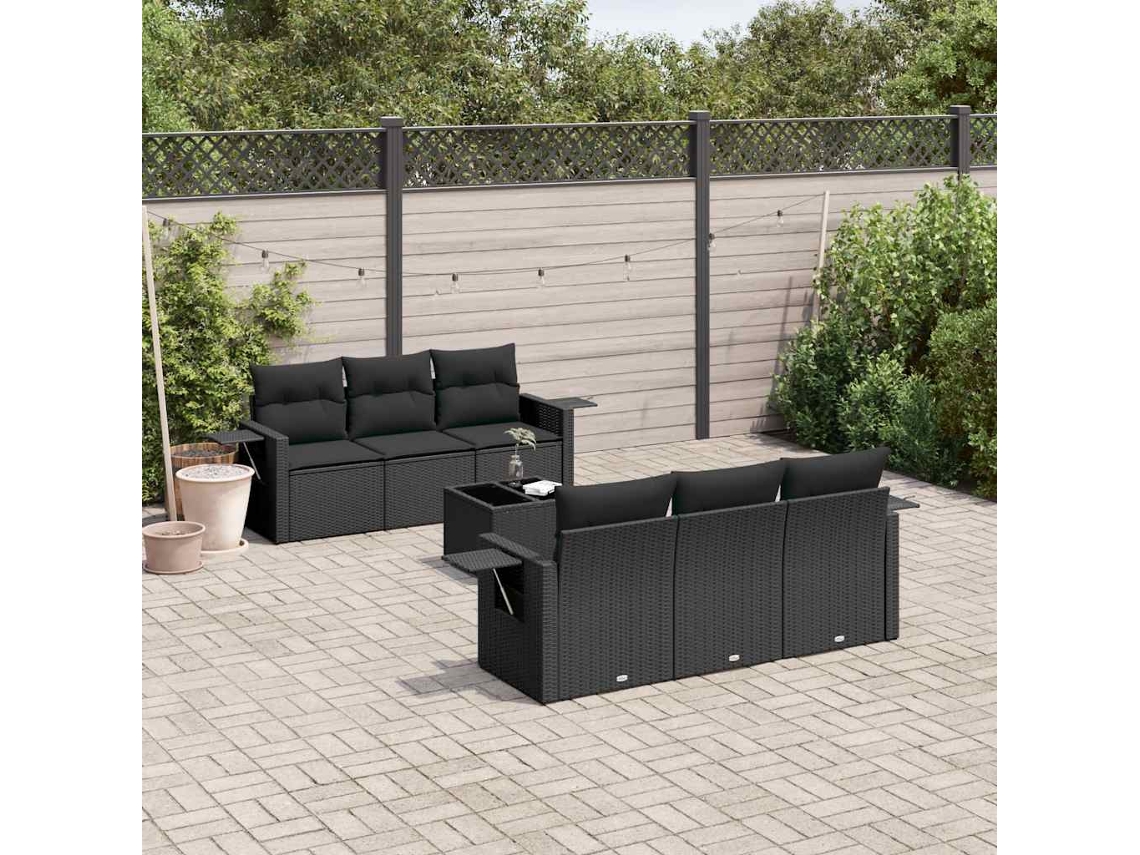 Vidaxl 7 Pcs Conjunto De Sofás P/ Jardim C/ Almofadões Vime Pe Preto