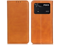 Capa Fólio Genuíno Fecho Oculto para Xiaomi Xiaomi Poco M4 Pro 4G HONGWE. Pele Magnética Castanho