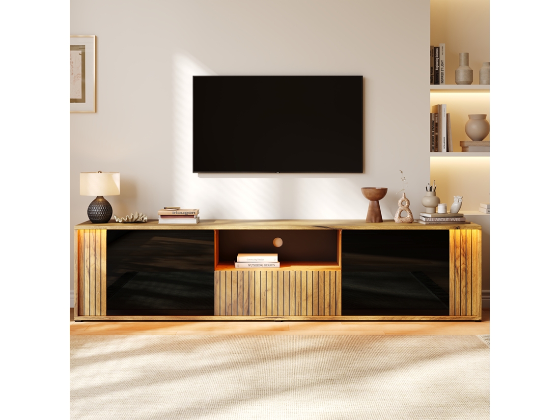 Móvel Baixo Para Tv Led De 180 Cm, 2 Portas, 1 Gaveta, Comporta Tv De 75 Polegadas, Madeira Preta.