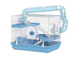 Gaiola Hamster 3 Níveis Alojamento Roda Tigela Comida Mamadeira Tubos Pequenos Roedores Anões 47,5x31,5x29,5cm Azul Claro Ge