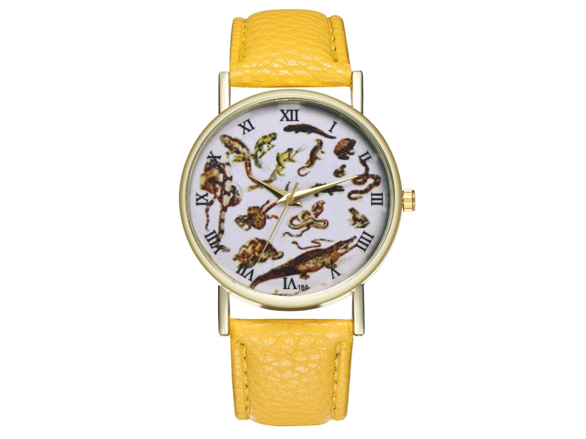 Relógio de quartzo com pulseira de couro PU, estampa animal, numerais romanos, unissex (amarelo)