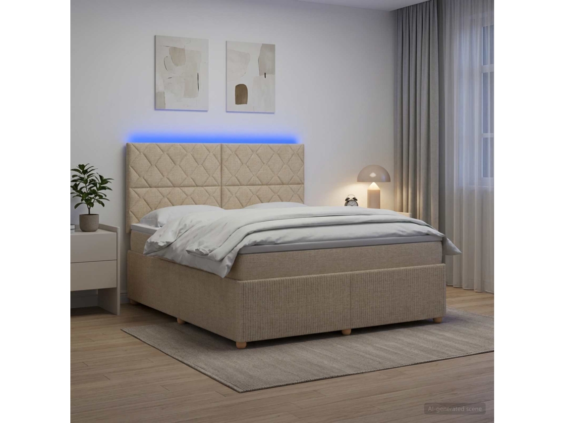 Vidaxl Cama Box Com Led E Colchão Creme 180 X 200 Cm Tecido