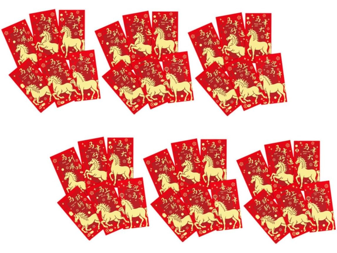 Conjunto De 48 Envelopes Vermelhos Para Presente Com Estampas Tradicionais Chinesas- Ano Do Cavalo- Versáteis