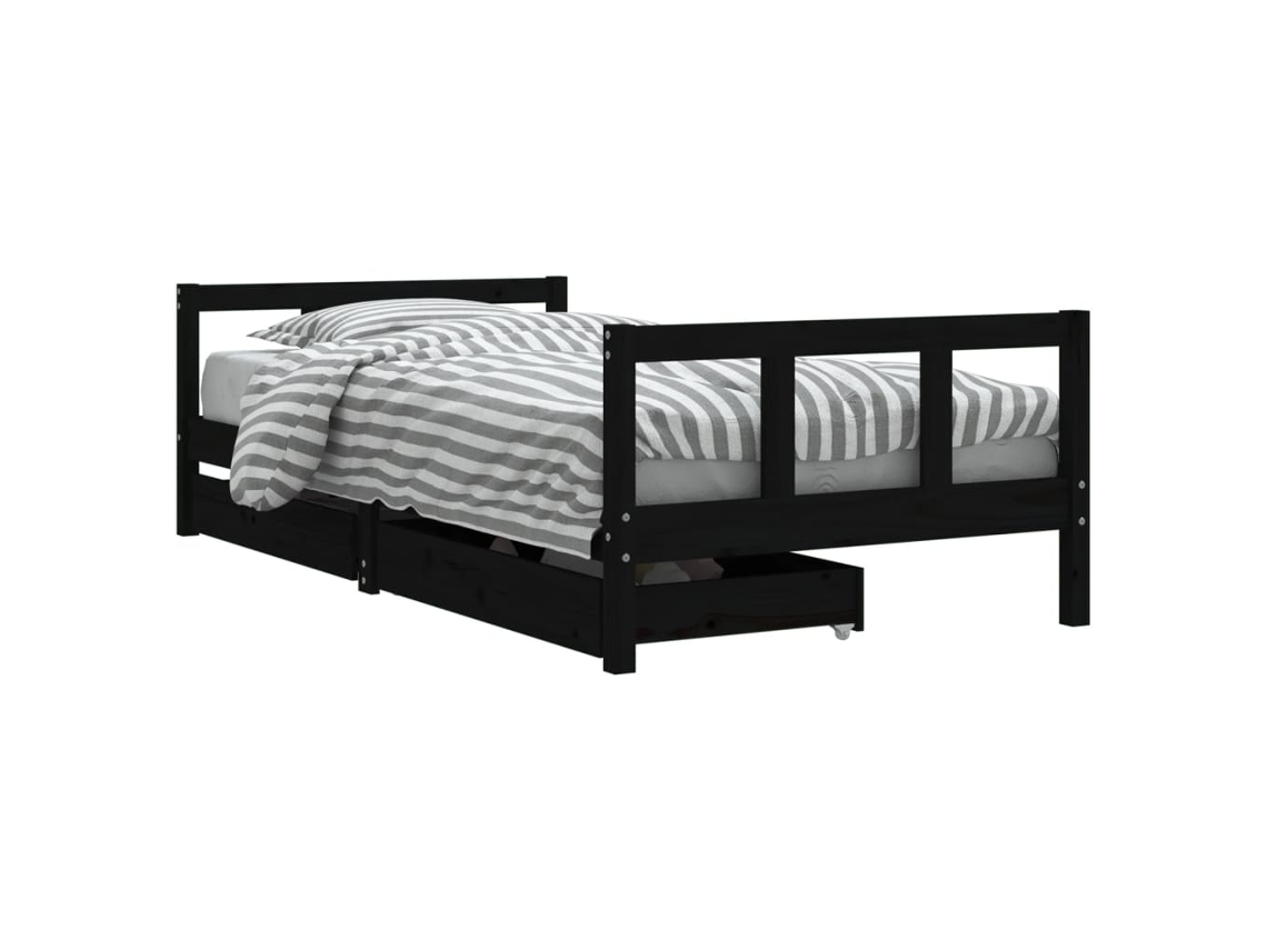 Estrutura de Cama Infantil com Gavetas Pinho Maciço Preto MAISON EXCLUSIVE (90x190 cm)