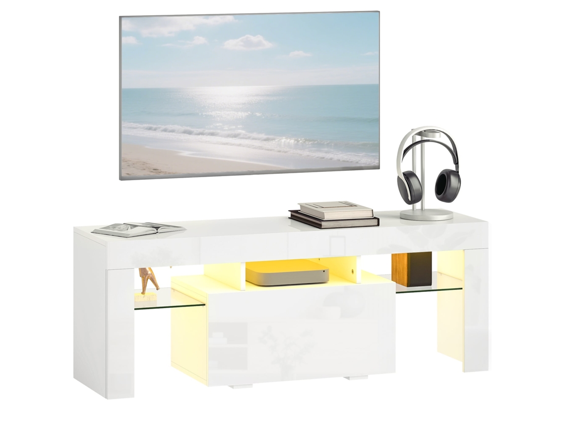 Móvel para TV CHEZMOI com iluminação LED RGB, acabamento brilhante, prateleiras de vidro temperado (120x34x45cm) branco