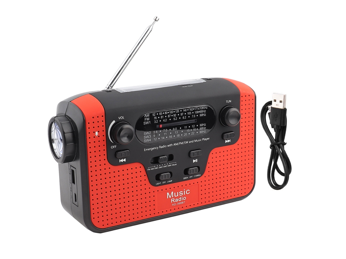 Radio Solar De Manivela Fm/am/sw Com Cartão De Memória E Bluetooth Vermelho Emergência