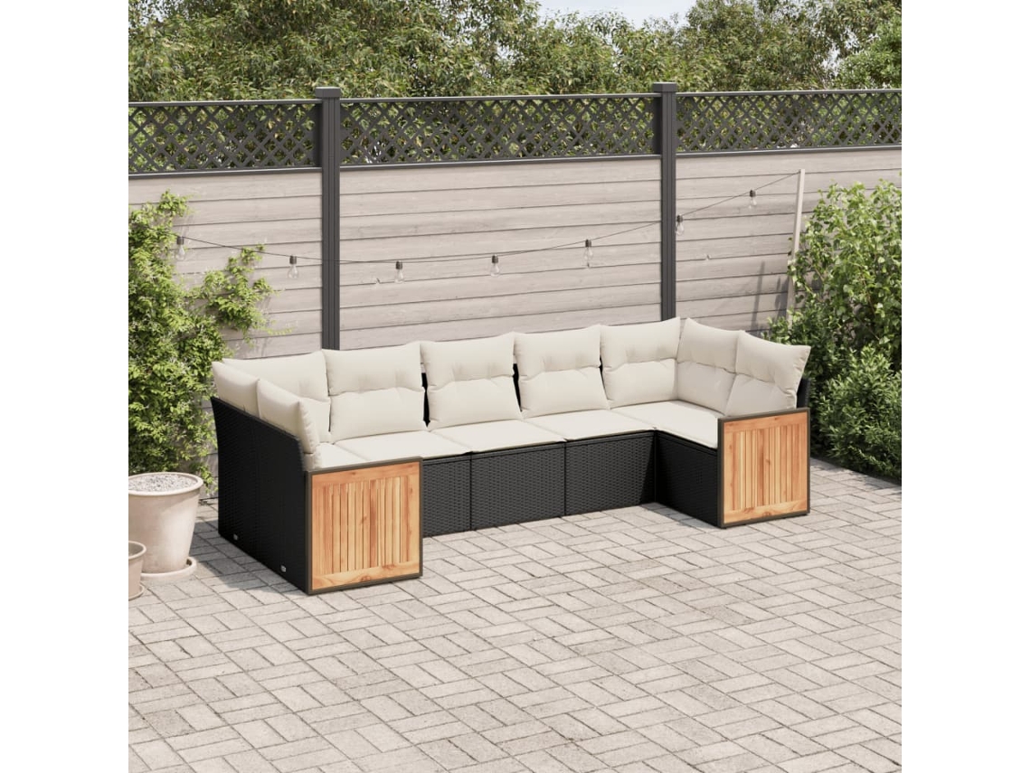 7 Pcs Conjunto De Sofás P/ Jardim C/ Almofadões Vime Pe Preto Dkd Home Decor