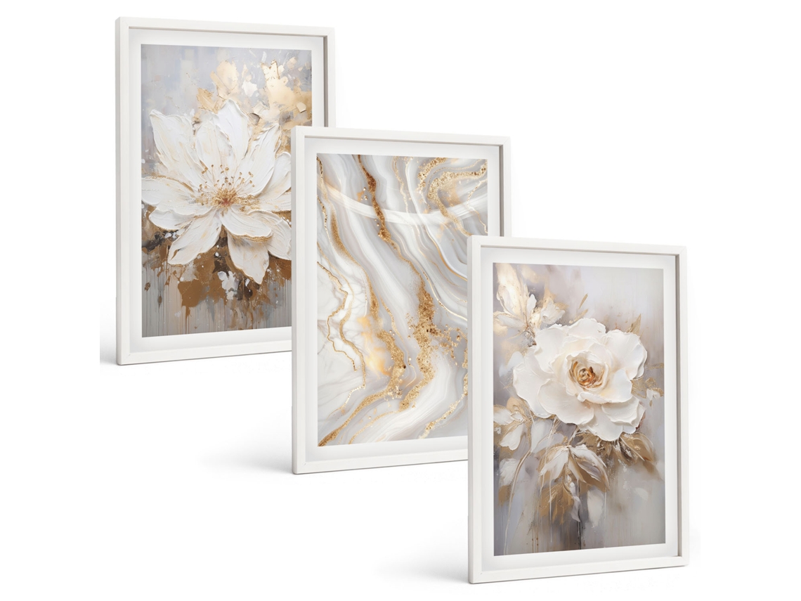 Composição De Quadros Na Parede Flores, Mármore Abstrato Moldura Branca Imagens Para Um Quarto Infantil Espelharte (3 Piezas De 40x60 Cm)