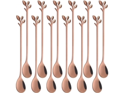 Conjunto de 12 Colheres Longas para Chá Gelado, Inox, Design Folha, Lavável, Dourado Rosa