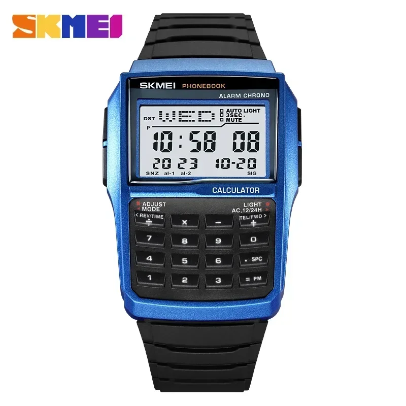 Relógio Digital Masculino Casual com Agenda Telefônica e Contagem Regressiva de Dois Fusos Horários MDUG (azul)