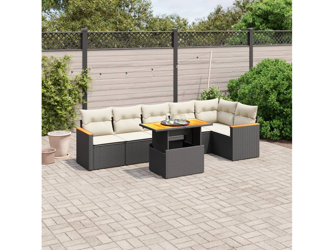 Jogo de Sofá 7 Peças P/ Jardim C/ Almofadões Vime Pe Preto Dkd Home Decor
