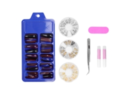 Unhas postiças coloridas, longas e com cobertura total, com estojo para dicas de manicure artística e adesivos.