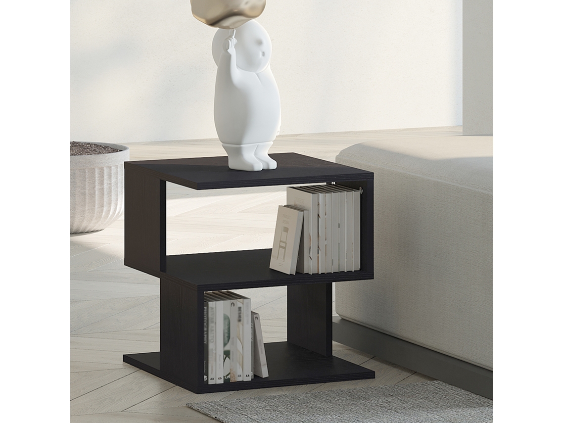 Mesa Lateral Com 2 Níveis E Prateleira Organizadora, Ideal Para Quarto Ou Sala – Estante Preta De 40x40x43 Cm