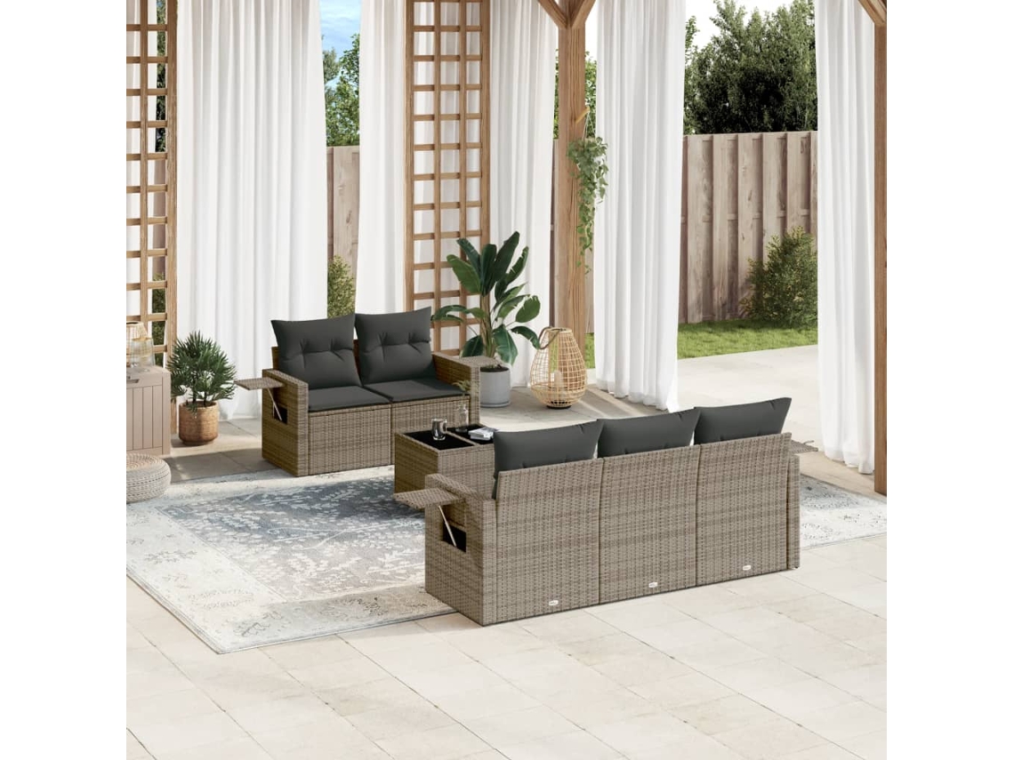 Vidaxl 6 Pcs Conjunto Sofás De Jardim Com Almofadões Vime Cinzento