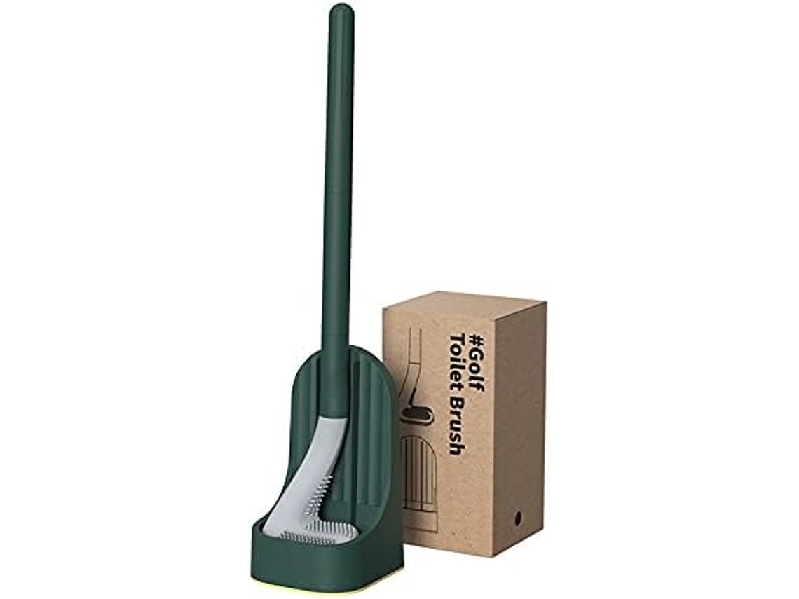 Escova e suporte de vaso sanitário com cabo longo de golfe, sem canto morto, antiderrapante, silicone, montado na parede (verde)